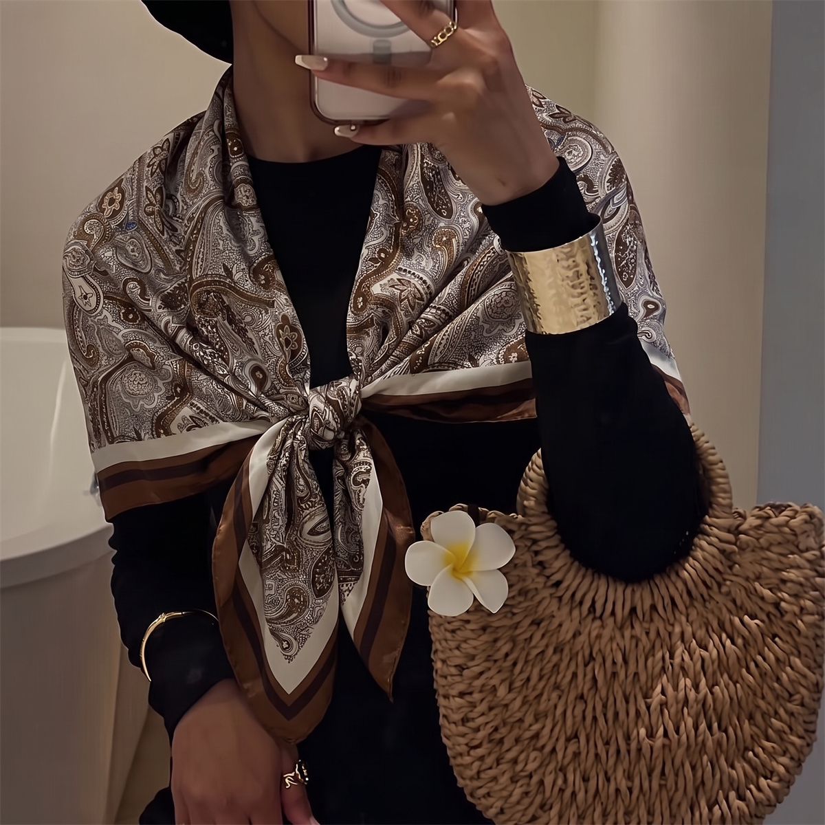 Foulards en soie pour cheveux, 90*90cm, imprimés, en satin, grands carrés, pour femmes, marque de luxe, designer, hijab, bandeau.