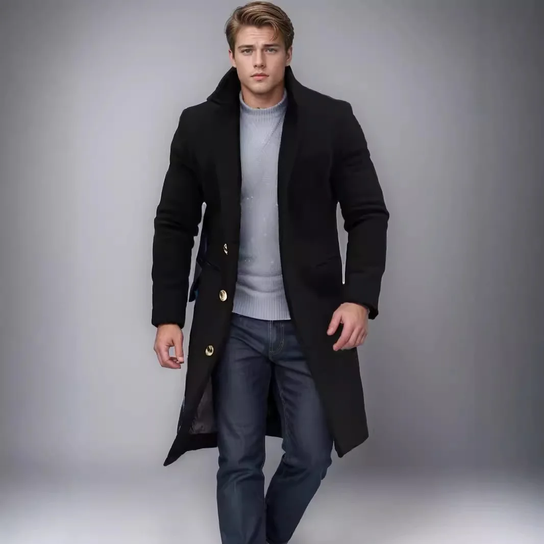 Manteau coupe-vent décontracté élégant pour hommes pour l'automne et l'hiver, bouton de couleur unie, manteau de Style mi-à-long à manches longues S-XXXL