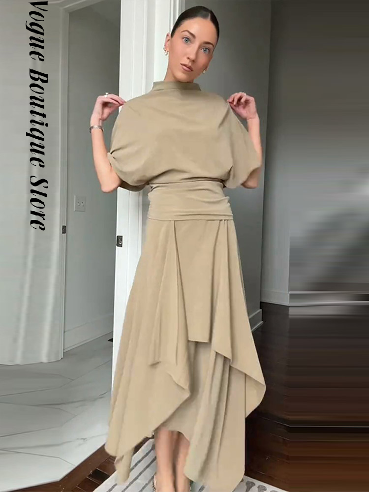 Ensemble élégant chemise asymétrique et jupe pour femme – Chemises unies à manches courtes et col rond, jupes longues taille haute – Tendance automne, costume d'été
