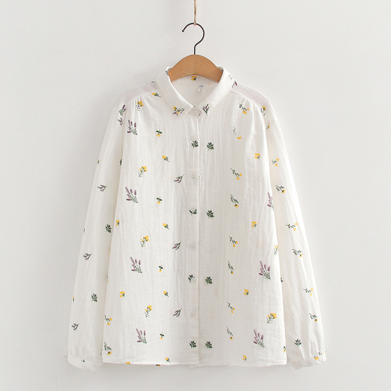 Chemises à manches longues brodées en coton pour femmes, blanc et bleu, nouvelle collection printemps 2026, chemisiers et hauts décontractés amples pour femmes, vêtements féminins raffinés