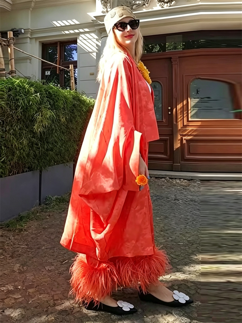 Kimono en satin jacquard floral rouge pour femme, collection Printemps 2026, manches trois-quarts, ouvert sur le devant, longue veste décontractée