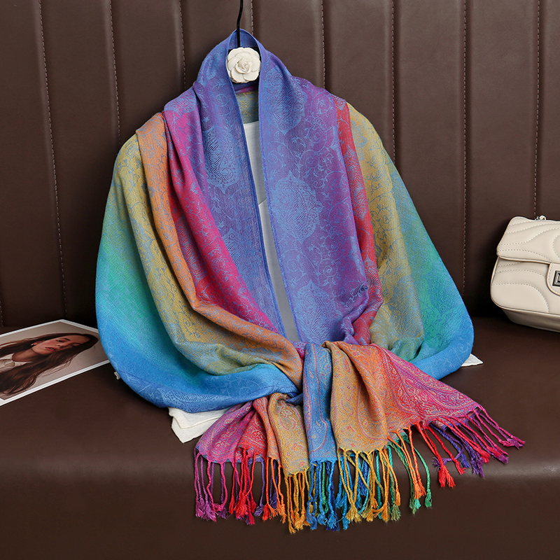 Couleurs arc-en-ciel hiver chaud épais Style ethnique Jacquard écharpe femmes voyage musulman Hijab cachemire gland châle enveloppement Pashmina