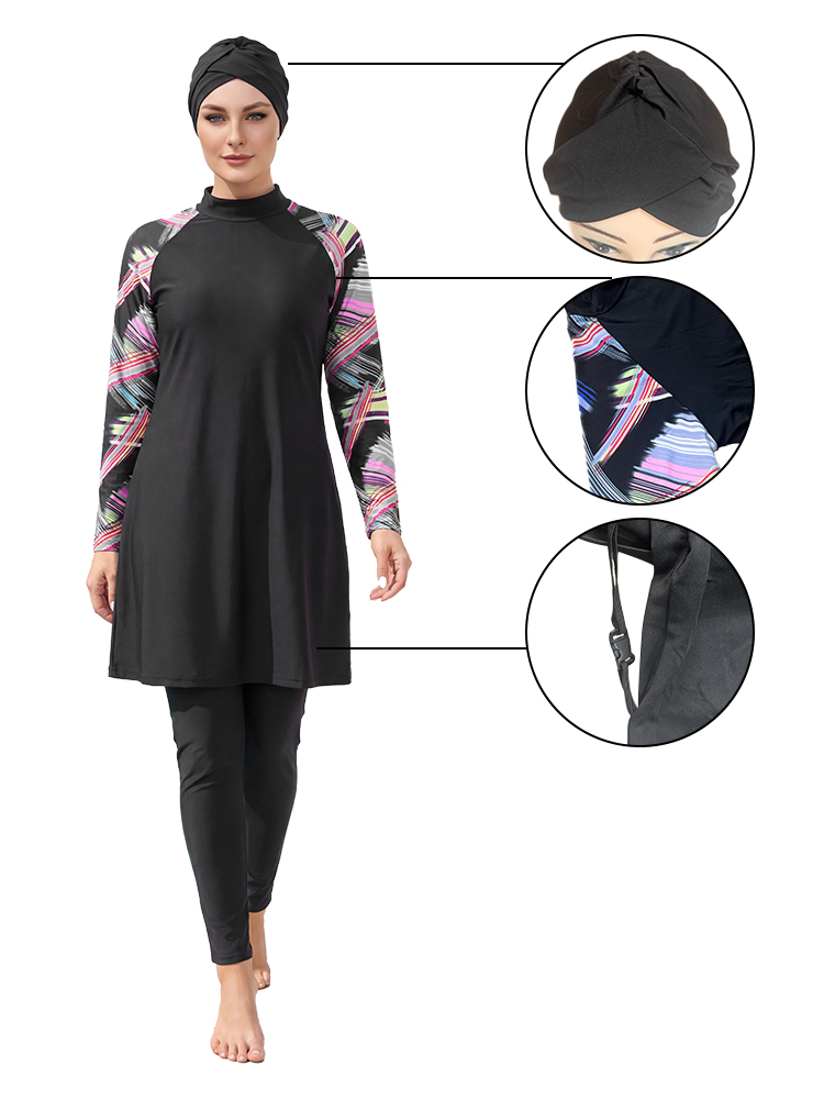 Ensemble de 3 pièces : Burkini élégant et digne, maillot de bain à manches longues imprimé, maillot de bain musulman à manches longues pour femme, tenue de plage