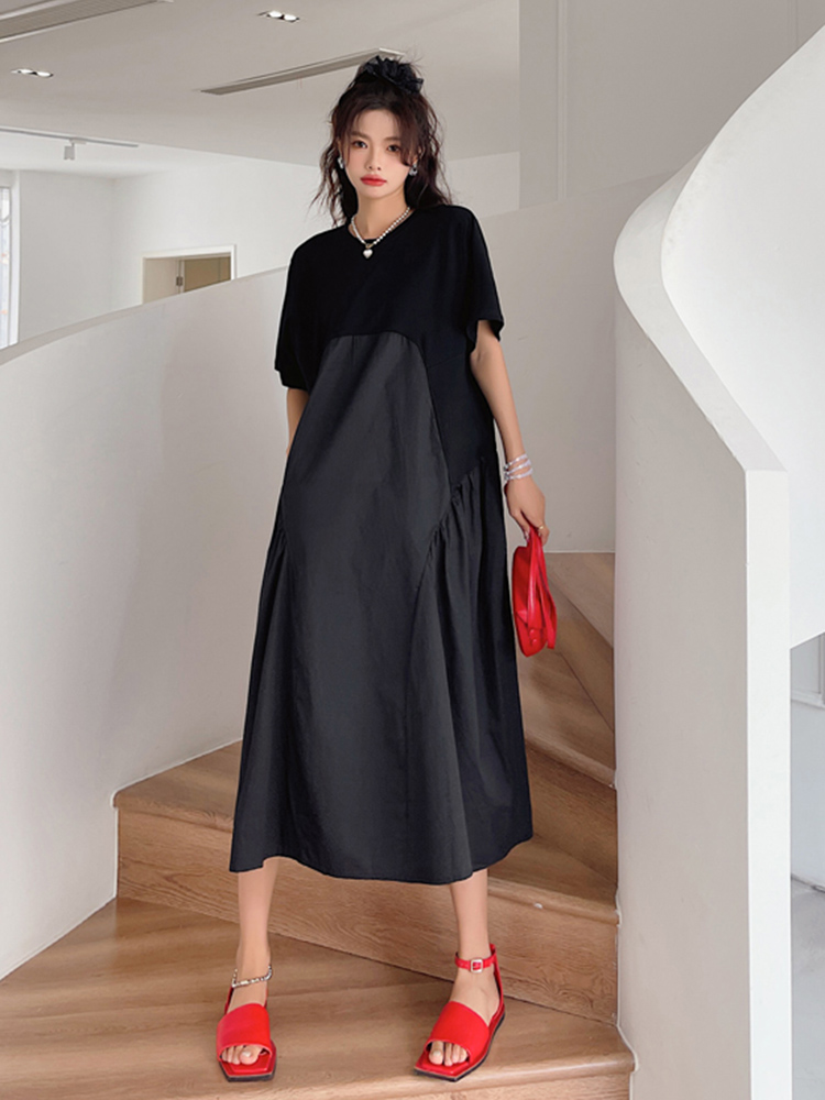 Robes plissées noires vintage patchwork pour femmes, nouvelle mode coréenne, manches courtes, coupe ample, décontractée, longue robe d'été, vêtements 2026