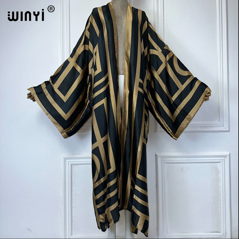 WINYI 2026 Kimono Femme Imprimé à Ourlet Bouffant, Manteau à Manches Longues, Cardigan, Abaya, Vêtement de Plage de Luxe de Dubaï, Robe Bohème, Caftan