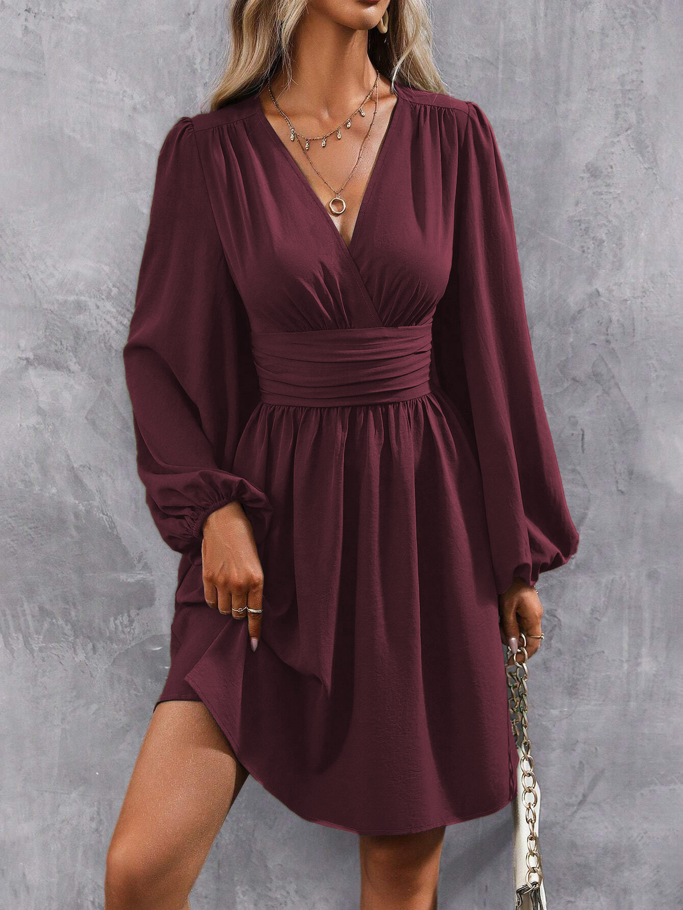 Robes 2025 femme vêtements col en V lanterne manches Wrap Mini robe taille froncée ourlet fluide élégant pour les Styles d'automne et de fête ﻿
