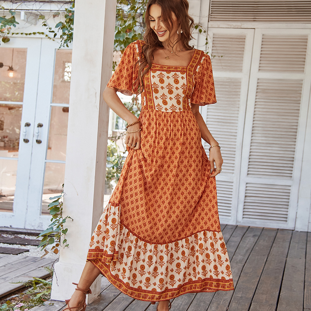 Robe élégante en coton imprimé pour femmes, jupe à col carré, Style vacances françaises, vêtements moulants, printemps été