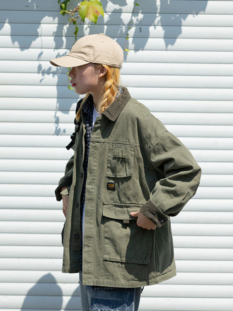 Veste fine cargo vert armée style streetwear japonais pour hommes et femmes, chemise-manteau Harajuku, vêtement militaire décontracté tendance, tenue de travail printemps
