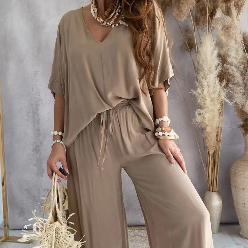 Ensembles de pantalons à jambes larges pour femmes, col en V, manches chauve-souris, tenues de maison monochromes, décontracté, été, 2024, 2 pièces