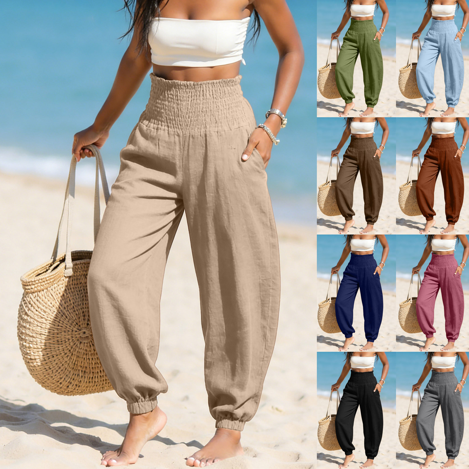 Pantalon long décontracté pour femme, coupe ample et tendance, style plage, pantalon de jogging, couleur unie, taille élastique, style européen