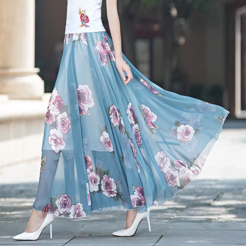 Taille haute femmes été automne jupes en mousseline de soie taille élastique Midi pleine jupe longue imprimer a-ligne mère danse balançoire jupe DURIKIES