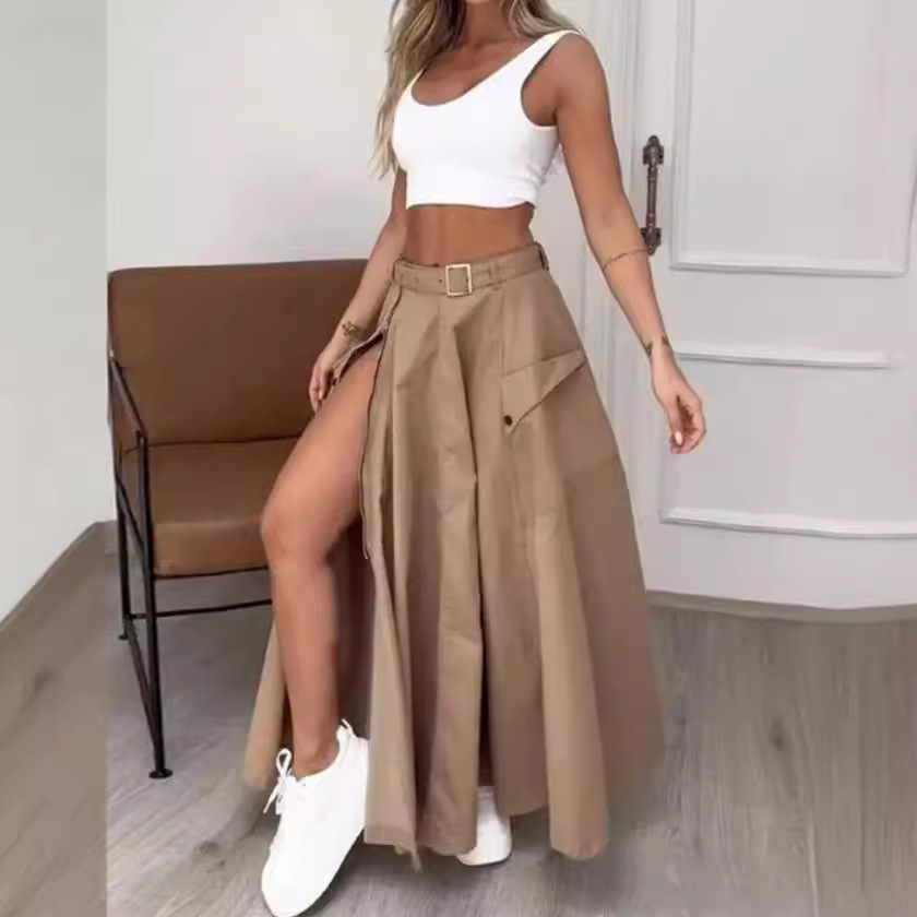 Jupes longues fendues irrégulières pour femmes, ceinture A-Line, monochromatique, décontracté, épissure, vêtements d'extérieur élégants, streetwear taille haute, automne