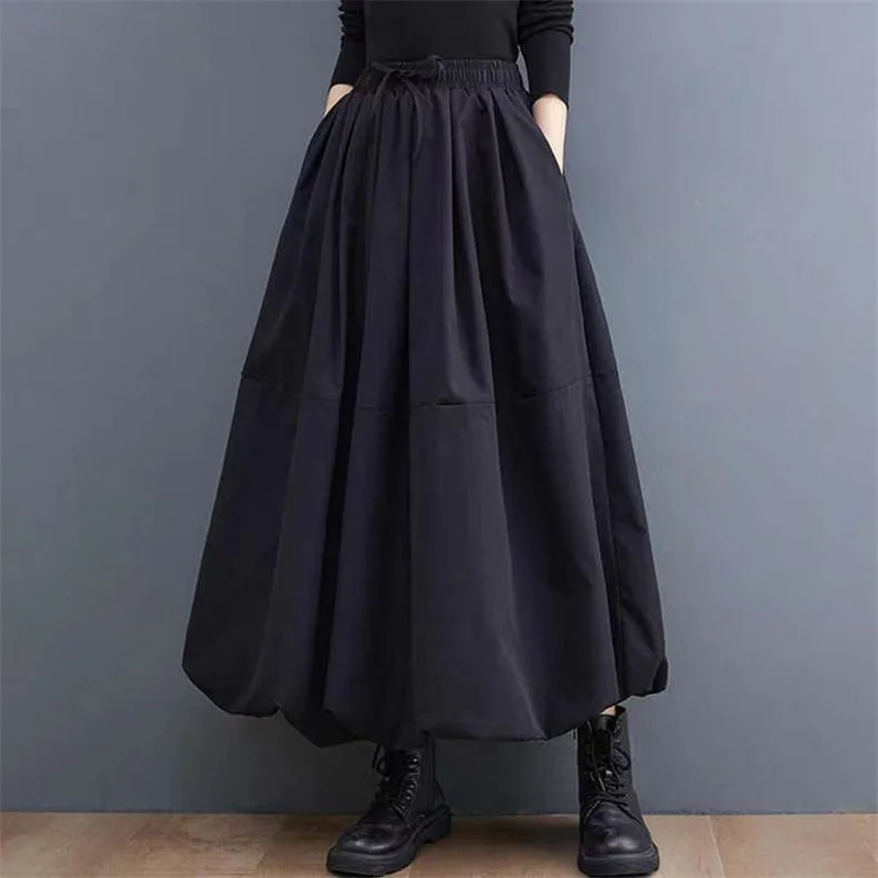 Vintage Jupe ample femmes couleur unie cheville longueur jupes femme décontracté mode Robe taille haute Jupe Faldas Saia surdimensionné