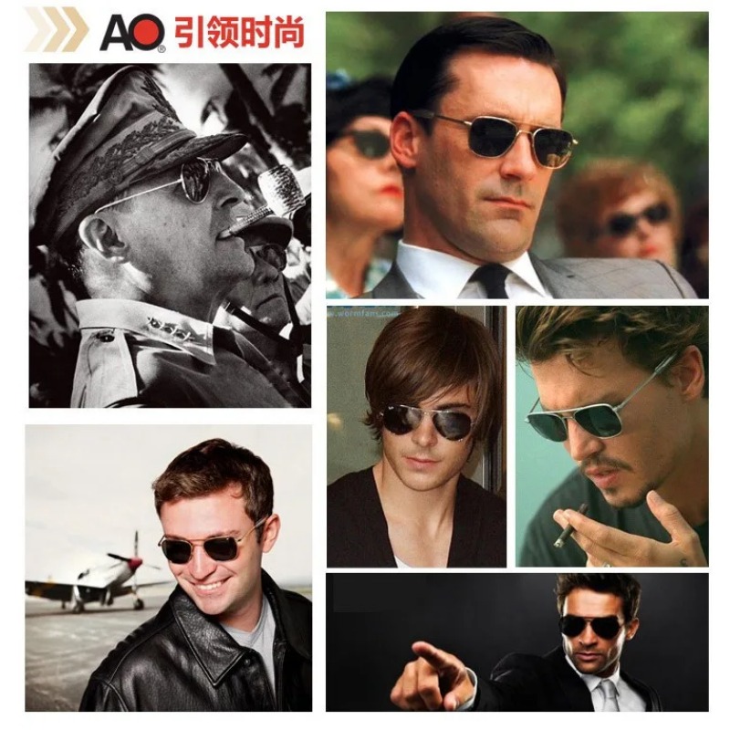 Lunettes de soleil pour hommes, marque AO, design militaire américain, verres optiques en verre, avec étui