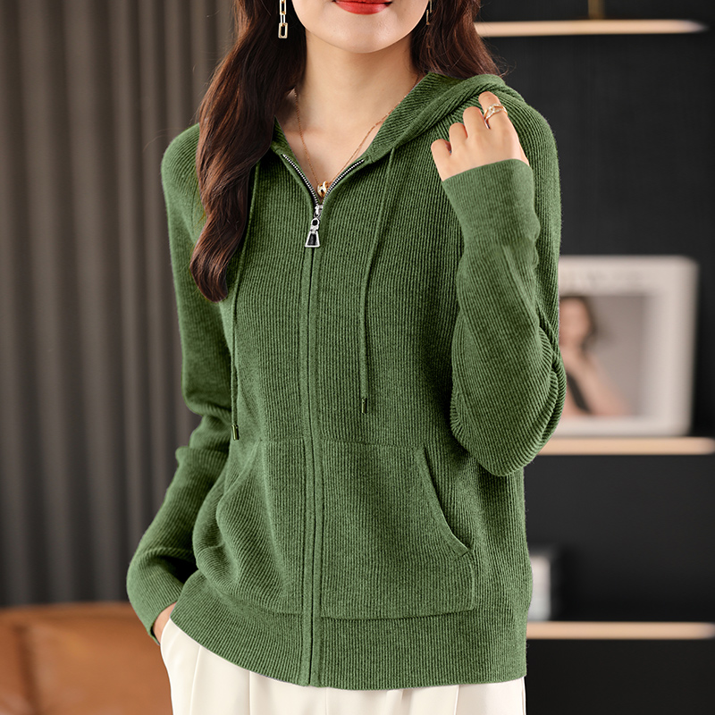 Pull en mélange de laine pour femme, col à capuche, tricoté épais, fermeture éclair, avec base de poche, automne et hiver ​ Top manteau femme