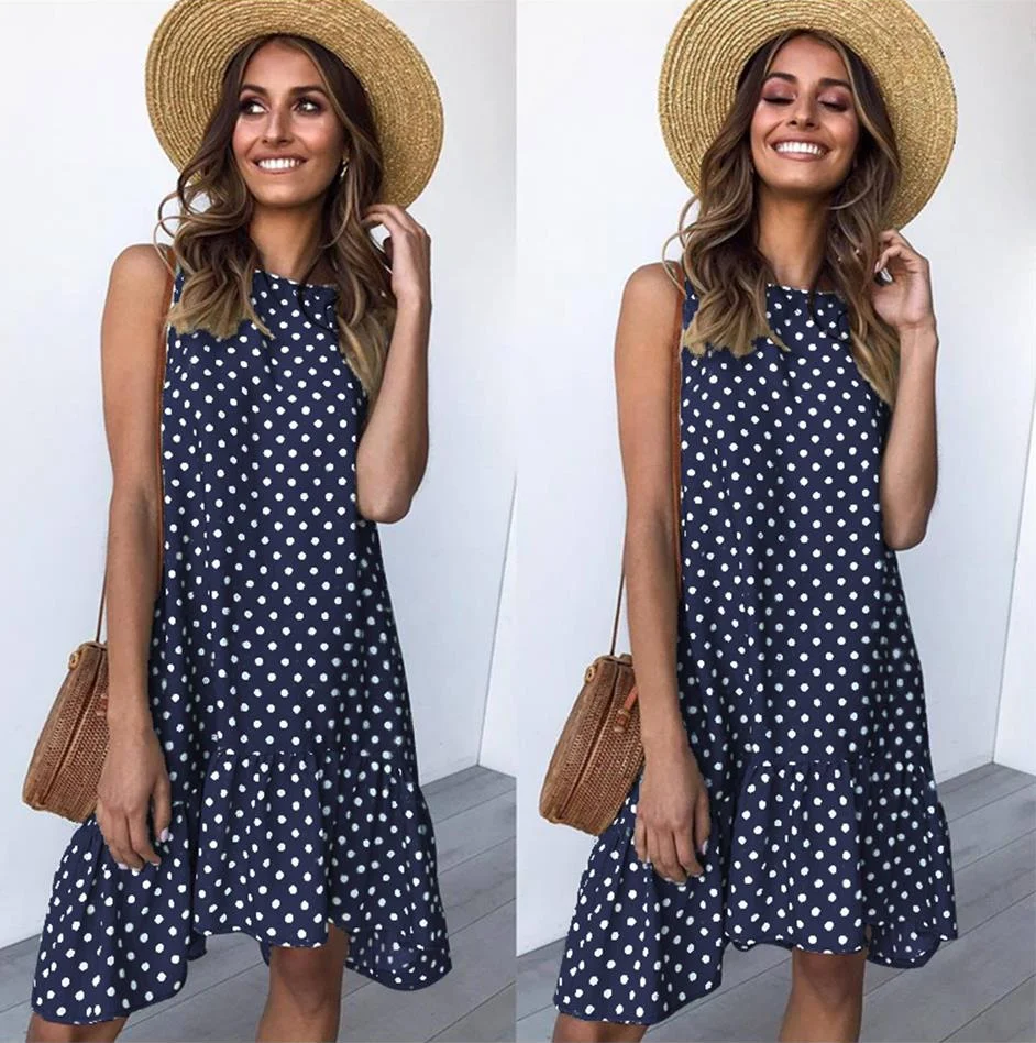Robe à pois à volants pour femmes, fibre, col rond, ourlet adt, neuf