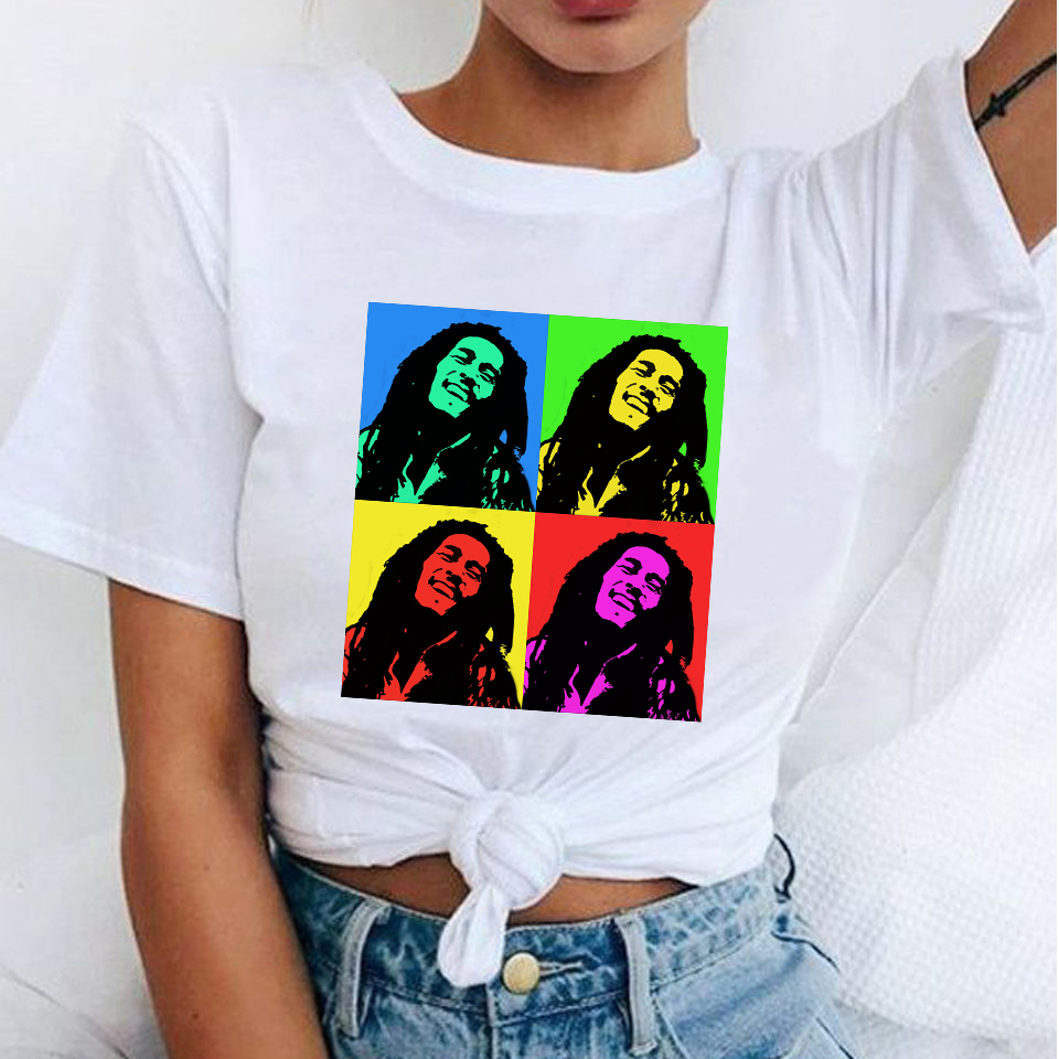 Mode femme T-Shirts Bob Marley imprimé décontracté col rond graphique t-shirt mignon à manches courtes T-shirts été hauts Harajuku chemise