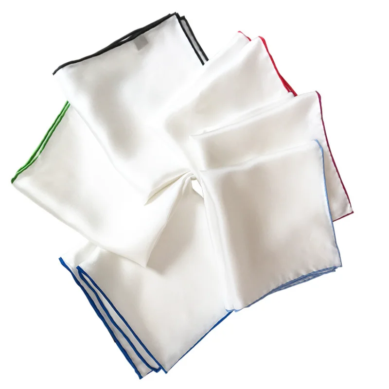 Mouchoirs blancs en mûrier naturel pour hommes, ourlet roulé à la main, carrés de poche, noir, rouge, vert, baguage de chant coloré, inj 34cm