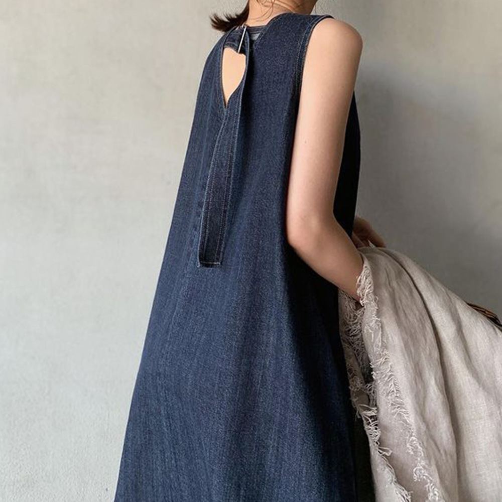 Robes pour femmes, col en V, sans manches, couleur unie, à lacets, épissé, Denim délavé, longueur cheville, robes basique, coupe ample