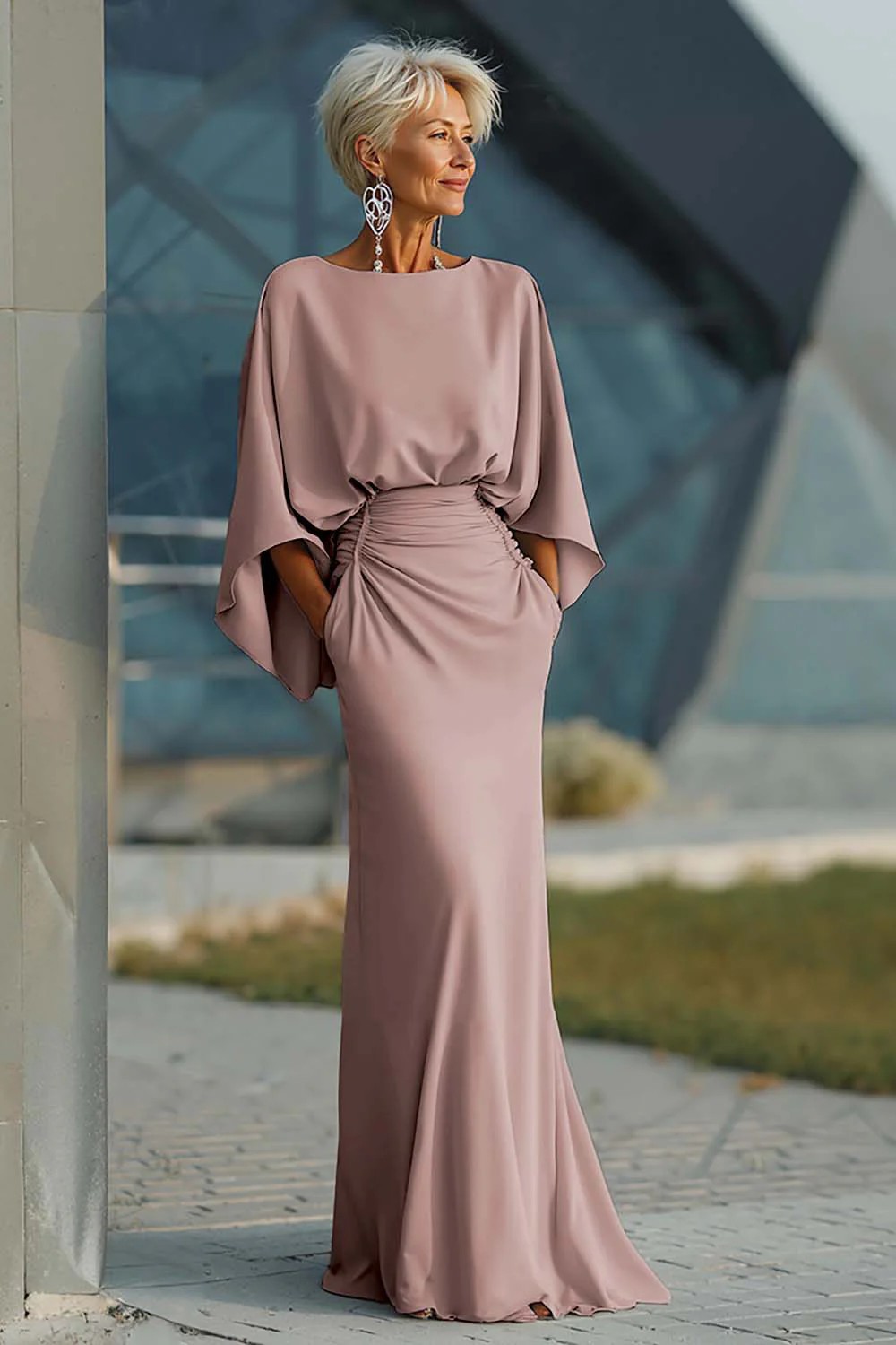 Robe longue bohème sexy dos nu pour femme, élégante, col rond, taille haute, manches chauve-souris, coupe droite ajustée, printemps-été