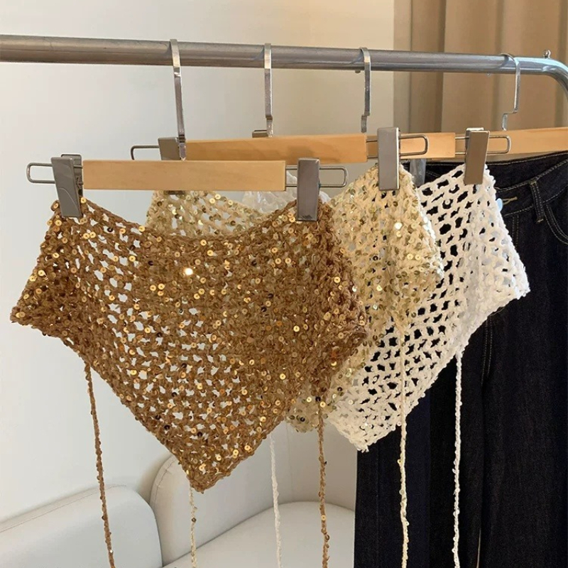 Foulard triangulaire ajouré en tricot à paillettes brillantes, style bandana, foulard de cou tendance, châle ajouré léger, bandeau quotidien, ceintures
