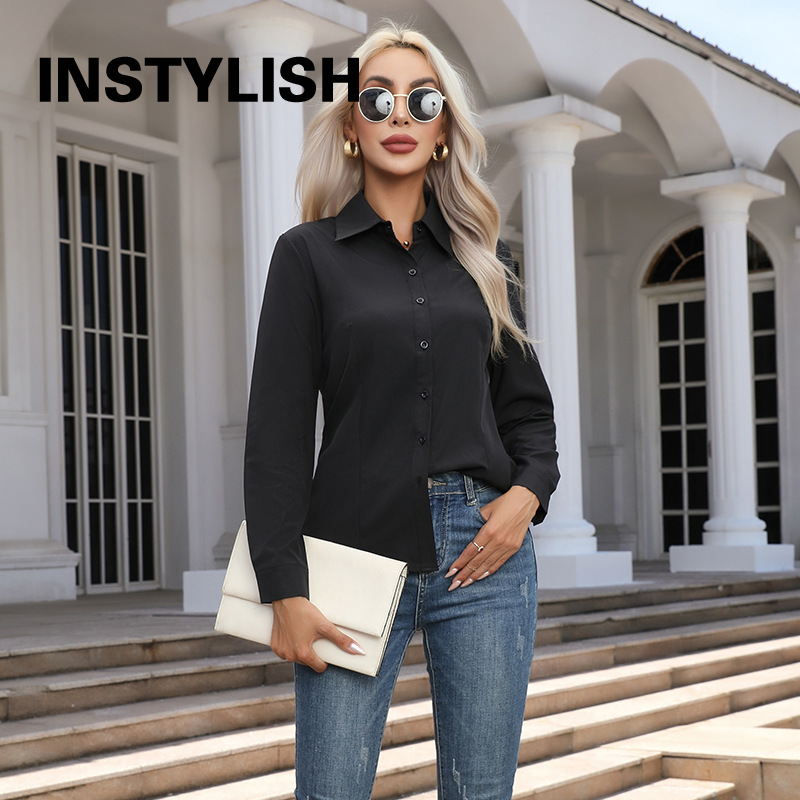 Chemise élégante pour femmes, chemisier en mousseline de soie à boutons, printemps été, décontracté, uni, manches longues, col rabattu, tuniques, chemisier OL, hauts