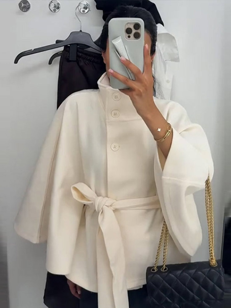 Manteau élégant pour femme, col montant, simple boutonnage, à lacets, couleur unie, mode automne 2026, manteau de ville pour femme.