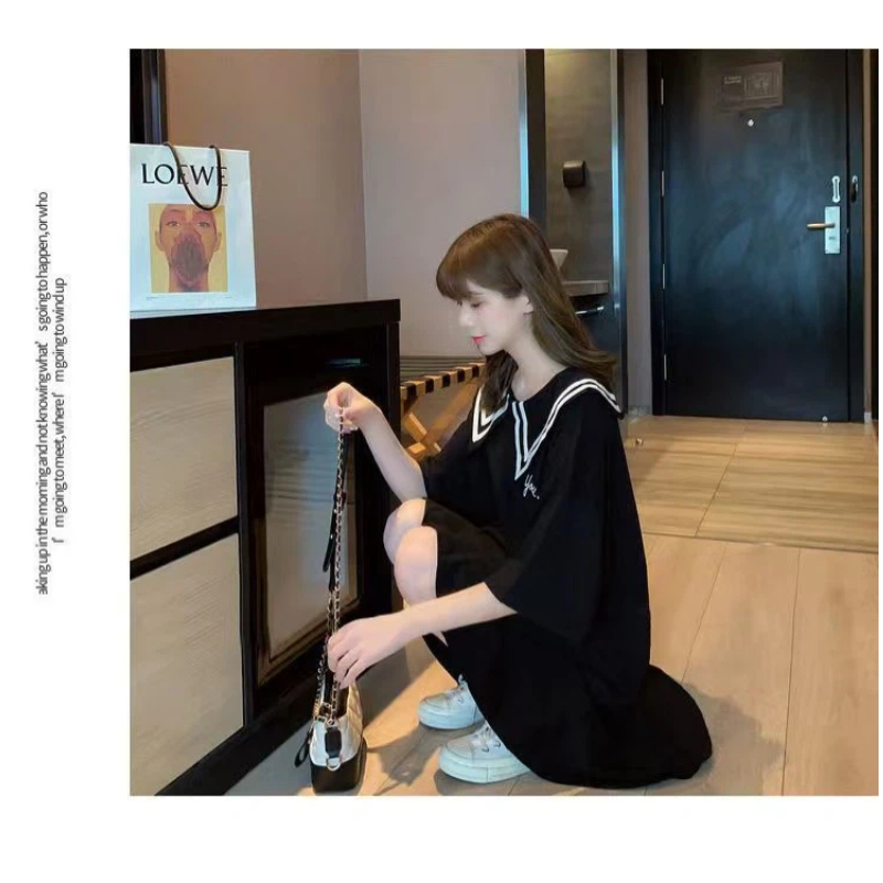 Preppy Style noir ample t-shirt robe été nouveau à manches courtes couleur unie rayé Patchwork hauts doux mode femmes vêtements