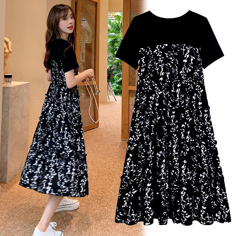 T-shirt femme faux deux pièces style coréen robe d'été mi-longue imprimé fleuri Boho décontracté quotidien en mousseline de soie robe noire florale