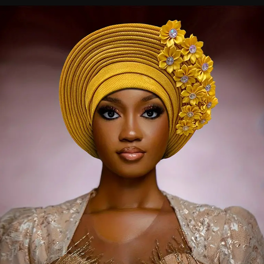 Turban africain pour femmes, couvre-chef nigérian avec fleurs, déjà fabriqué, Auto Gele, pour fête de mariage, nouvelle collection