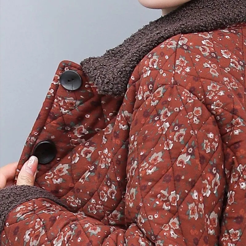 Manteau rembourré en coton pour femme, pardessus en laine, veste florale, boucle à une rangée, rétro, court, loisirs, femme, automne, hiver, nouveau