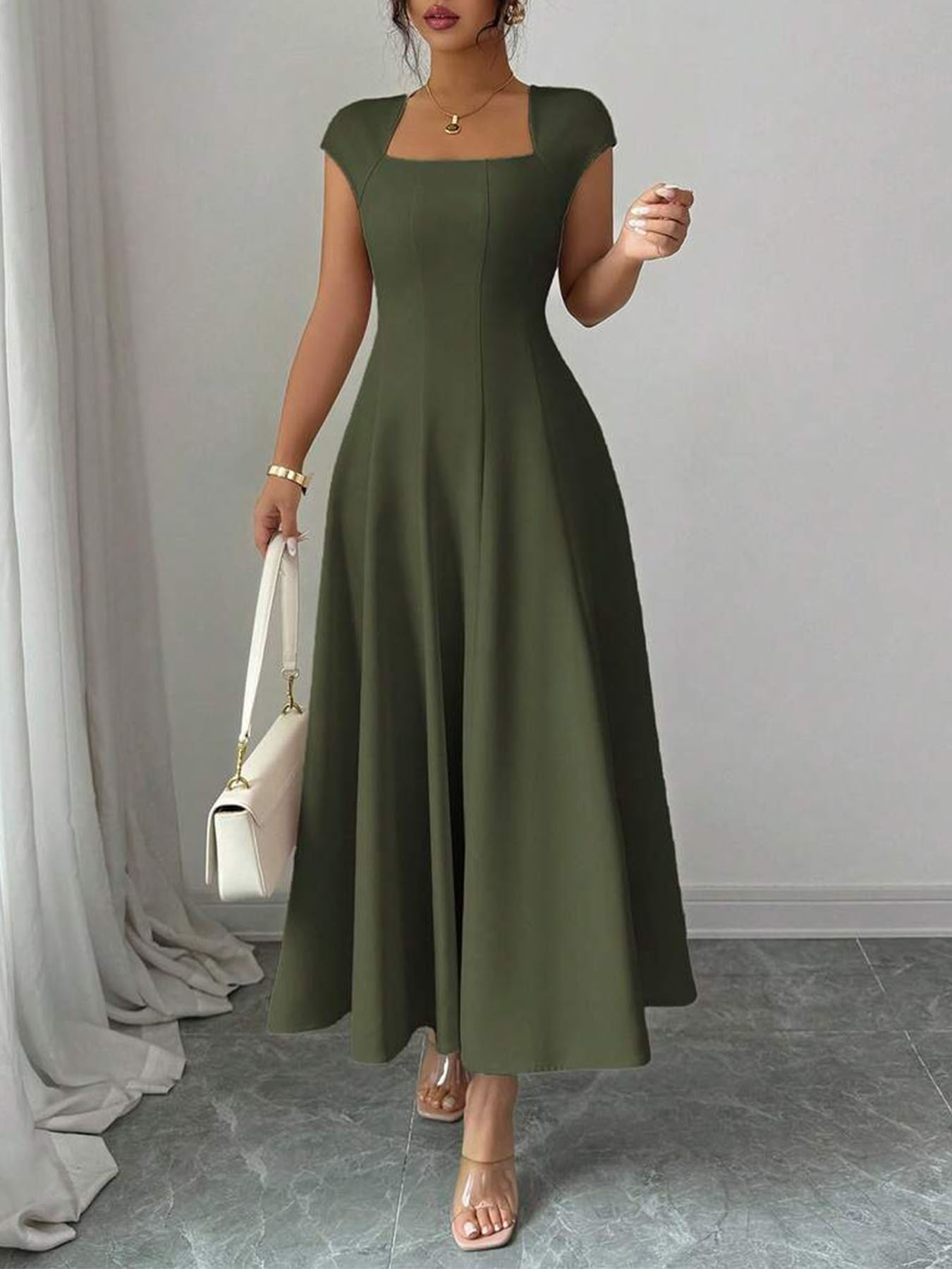 Robe midi à col carré pour femme, robe évasée ajustée à manches courtes, tenue élégante pour le bureau, les fêtes et les rendez-vous