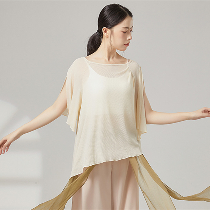 Costumes de danse classique pour femmes, haut en maille de gaze, chemise fendue à manches courtes, chemisiers Saree amples, ourlet irrégulier, vêtements de danse sur scène chinoise