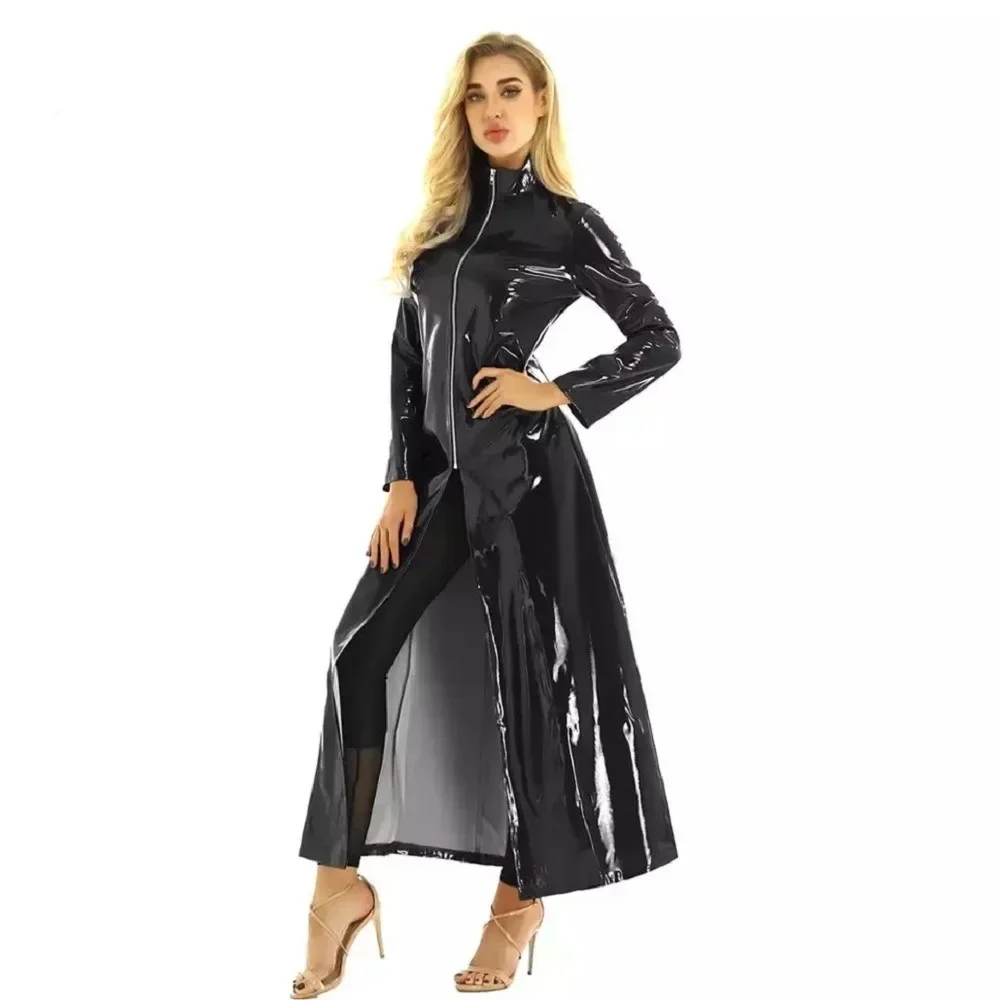 Robe longue en cuir brillant miroir PU pour femmes, coupe-vent, longue robe en cuir