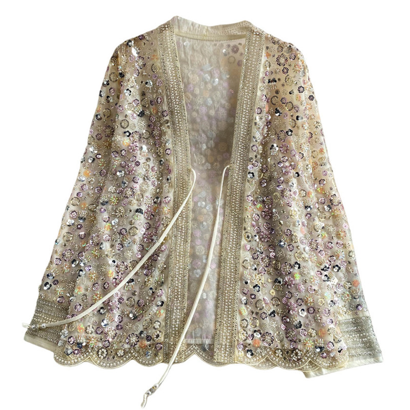 Cardigan vintage brodé de sequins, veste perlée à col en V pour femme, idéal pour les soirées d'automne, collection début de saison