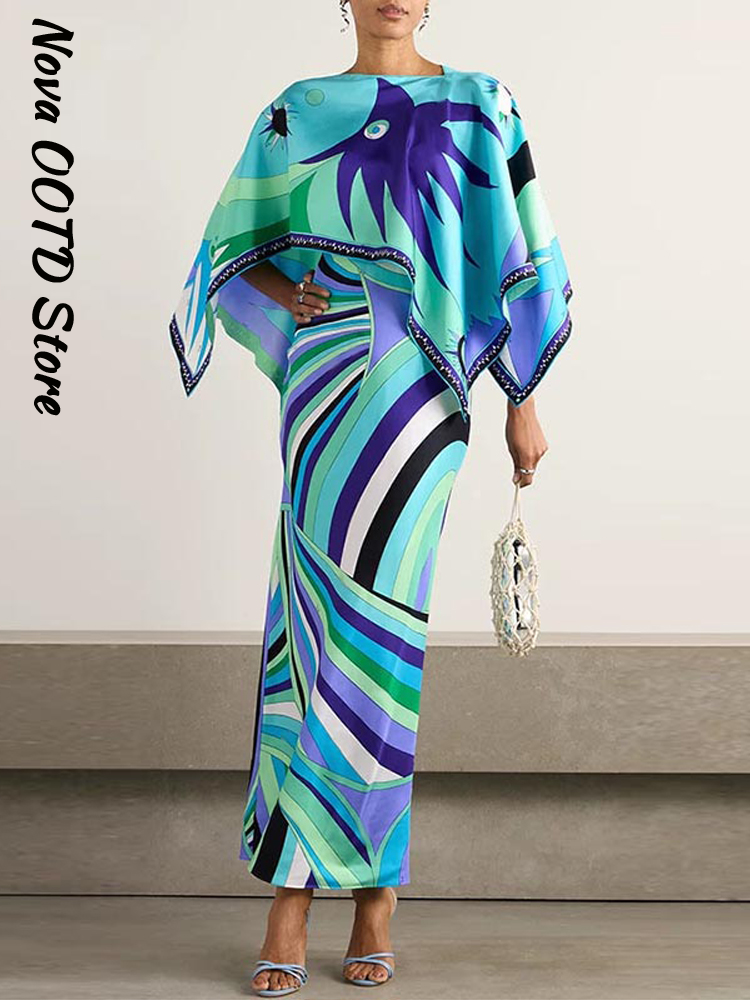 Robe élégante imprimée style châle pour femme, col en V, sans manches, coupe ajustée, bleue, tenue d'été 2026, nouvelle collection, pour la plage ou les soirées