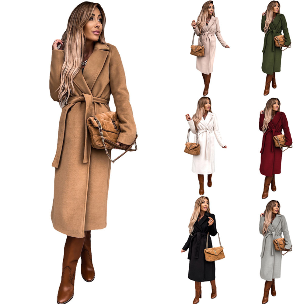 Manteaux d'automne et d'hiver européens et américains pour femmes, couleur unie, col à revers, manches longues, en laine, style simple