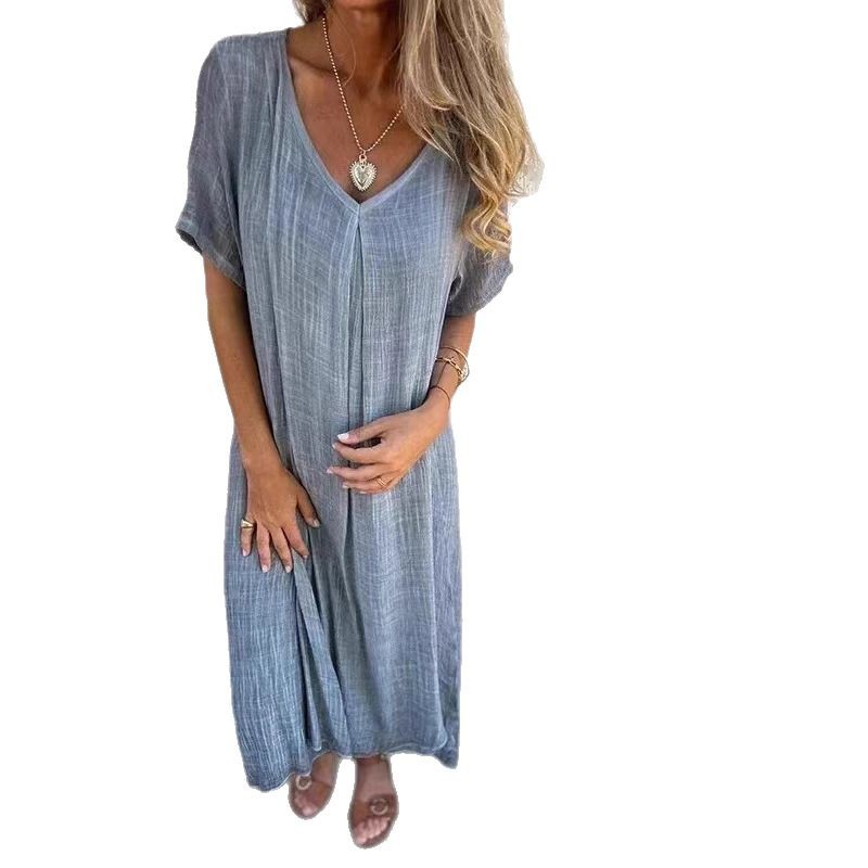 Robes pour femmes 2026 Nouvelle collection été-printemps-automne en coton et lin, col en V, couleur unie, longue robe, vêtements pour femmes, vestidos