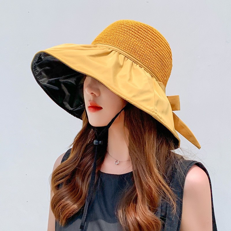 Chapeau de soleil d'été pour femme à large bord, protection UV, doublure occultante, visière à nœud papillon, chapeau de plage à large bord pour femme, pêche en extérieur