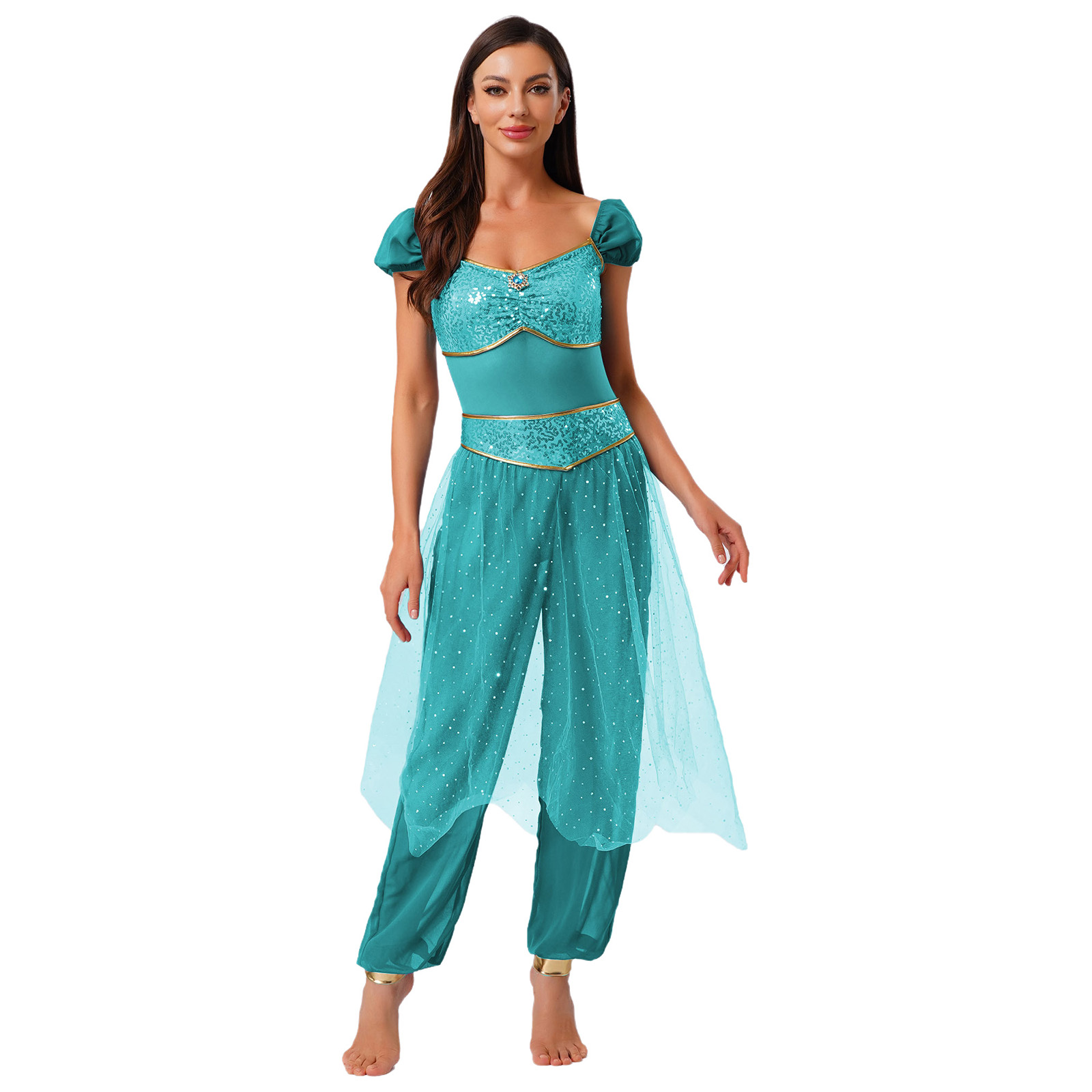 Costume de princesse arabe pour femmes, Halloween, carnaval, Aladiner, tenue de fête à thème Jasmines, barboteuse en Tulle à paillettes, combinaison de danse du ventre