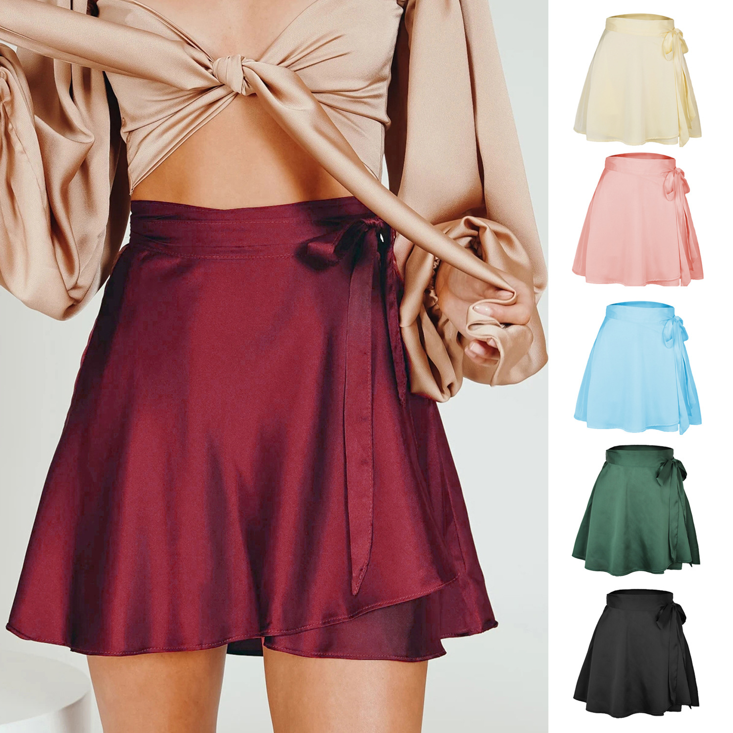 Jupe d'été en mousseline de soie pour femmes, avec ceinture, Surface en Satin, une pièce, couleur Pure, taille haute, mode, élégante, WSL4611, 2024