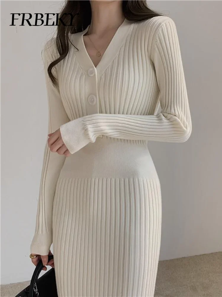 Robe pull à col en V taille élastique GT, tricots à fond de hanche, robes longues élégantes, mode mince, tambour coréen, automne