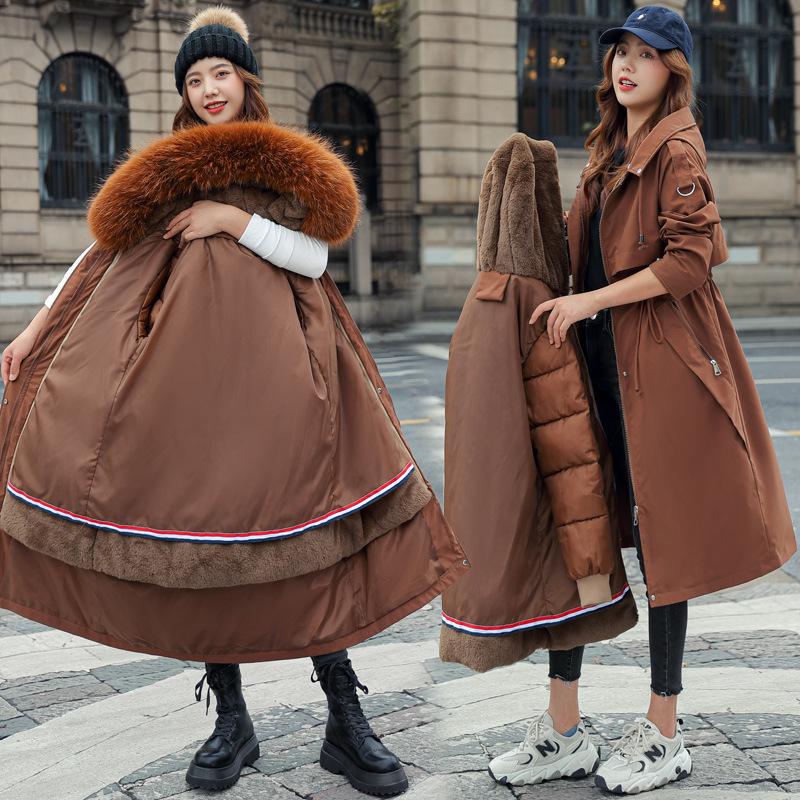 Parkas à capuche pour femmes, manteaux longs, couleur unie, détachable, grande fourrure, col en longueur, fermeture éclair, cordon de serrage, coupe cintrée, épais, décontracté, hiver 2025