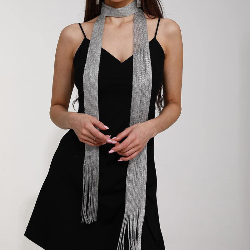 Mode discothèque crème solaire châle soie brillante pour les femmes dentelle gland brillant collier fête or argent robe de soirée écharpe