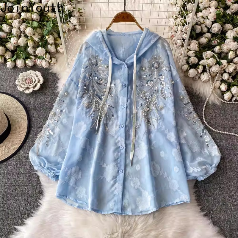 2025 Blusas Mujer De Moda lourd paillettes perles Blouse femmes vêtements à manches longues chemises à capuche amples tempérament hauts femme