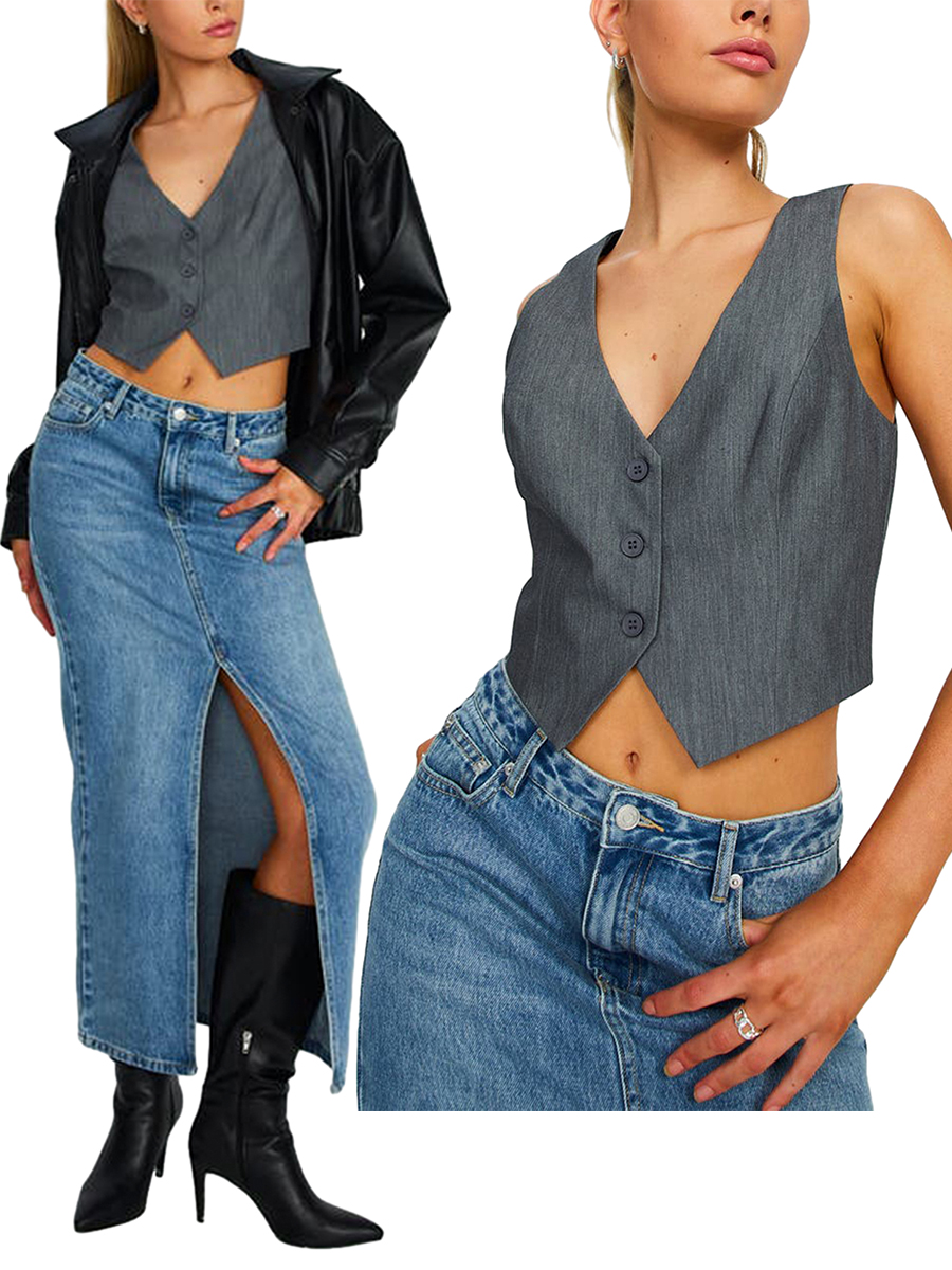 Femmes mode solide gilets sans manches noir col en V bouton gilet formel affaires smoking chemise coupe ajustée recadrée Blazer gilets