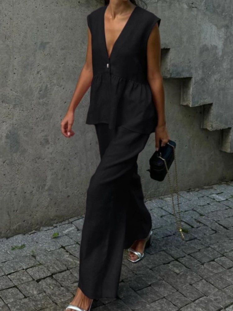 Ensemble deux pièces pour femmes, col en v, haut sans manches, gilet, pantalon à jambes larges, Simple, couleur unie, tempérament élégant, ensemble de transport, été