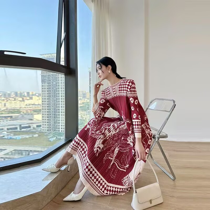 Belles robes pour femmes printemps nouvelle robe pliante ample imprimée avec col rond et manches longues robes longues de tempérament de mode