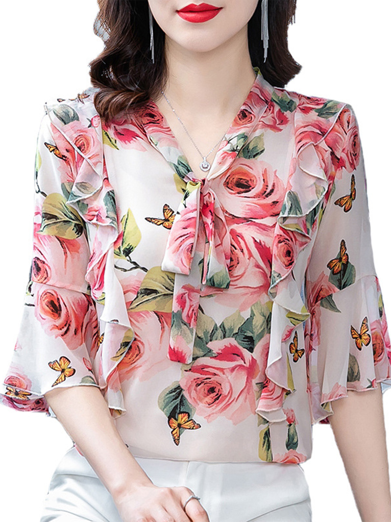 Tops pour femmes, élégants et décontractés, chemisiers à manches bouffantes, chemises à fleurs, vêtements d'été à col en V