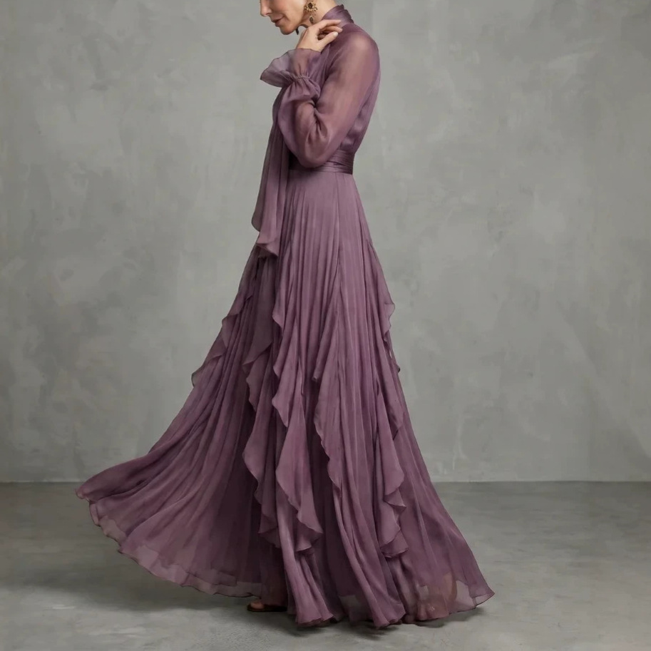 Robe longue chic 2026 violette à volants, manches longues, coupe ajustée, robe de soirée tendance Y2K, grande jupe évasée, robe de fête maxi, Vestidos